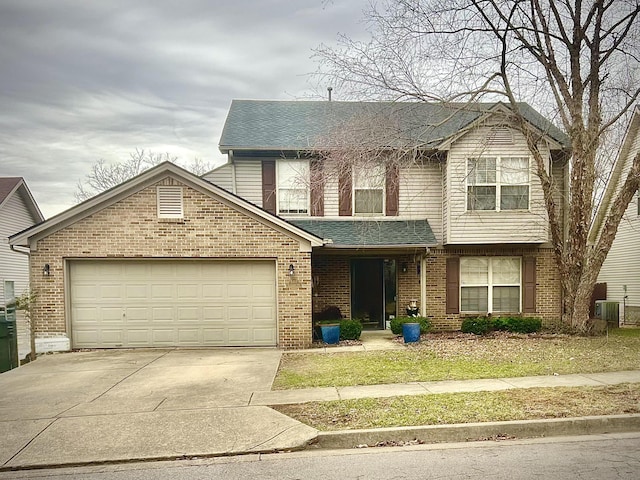 traditional home with brick siding, a shingled roof, central air condition unit, a garage, and driveway