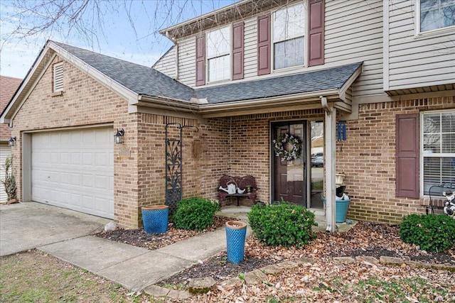 doorway to property with a garage, brick siding, roof with shingles, and concrete driveway