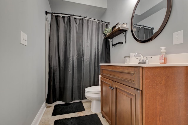 full bathroom featuring vanity, a shower with curtain, baseboards, tile patterned flooring, and toilet