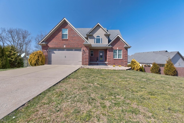 view of front of property with driveway, a shingled roof, a front yard, an attached garage, and brick siding