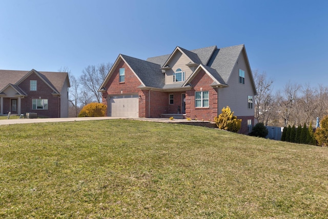 view of front facade featuring brick siding, concrete driveway, and a front yard