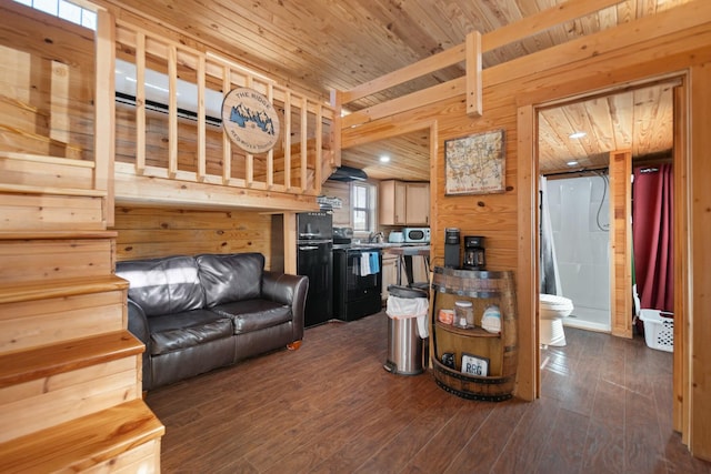 living area featuring wooden ceiling, beamed ceiling, wooden walls, and dark wood-style flooring