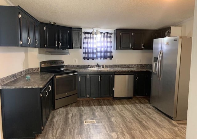 kitchen with dark cabinets, under cabinet range hood, stainless steel appliances, a sink, and dark countertops