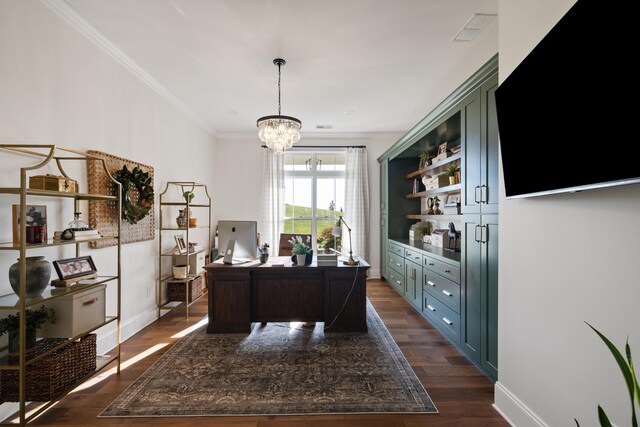 office featuring visible vents, baseboards, dark wood finished floors, crown molding, and a notable chandelier