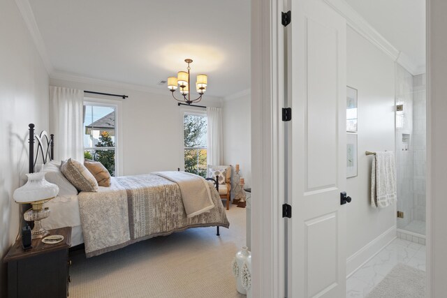 bedroom with baseboards, marble finish floor, an inviting chandelier, and crown molding