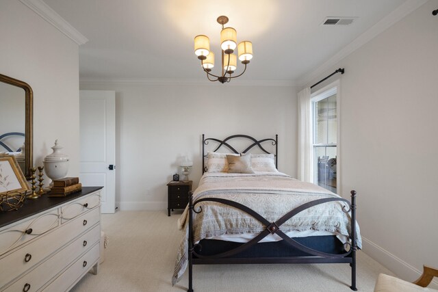 bedroom featuring a chandelier, light carpet, visible vents, baseboards, and ornamental molding