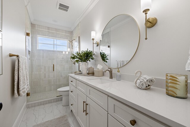 bathroom with marble finish floor, visible vents, toilet, ornamental molding, and a shower stall