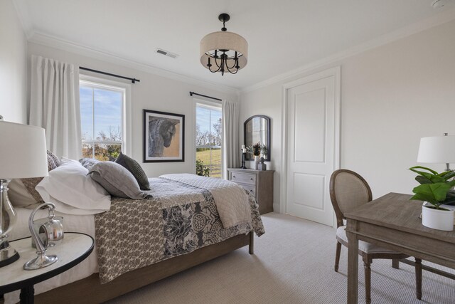 bedroom featuring light carpet, crown molding, and visible vents