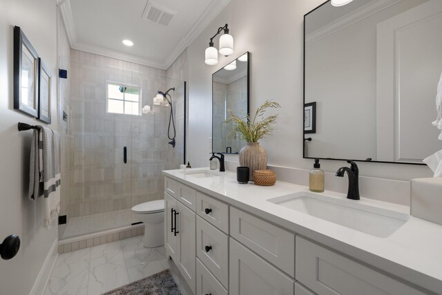 bathroom featuring ornamental molding, marble finish floor, visible vents, and a sink