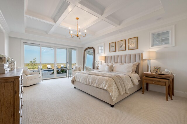 bedroom with access to exterior, beam ceiling, light colored carpet, and coffered ceiling