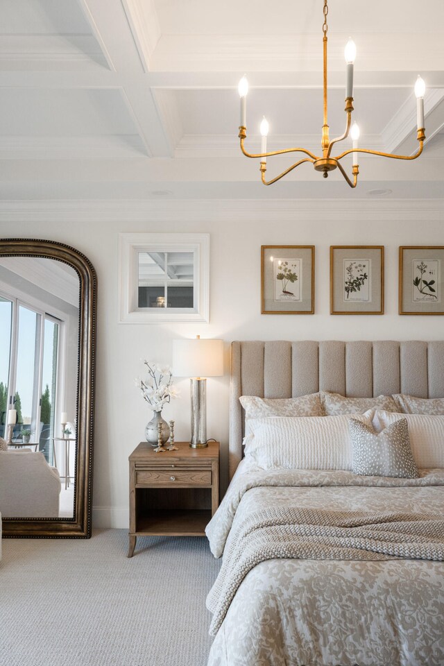 carpeted bedroom featuring ornamental molding, a notable chandelier, beamed ceiling, and coffered ceiling