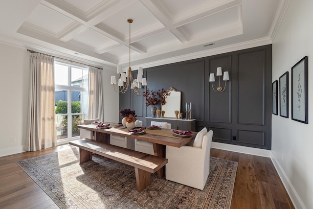 dining area featuring dark wood-style flooring, coffered ceiling, and a notable chandelier