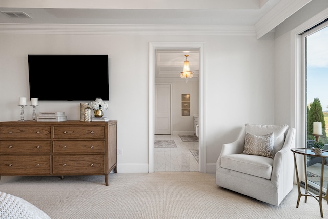 bedroom with ornamental molding, light carpet, visible vents, and baseboards