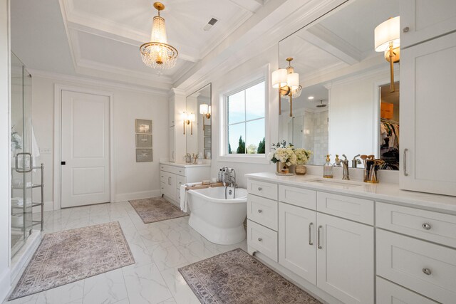 full bathroom with a stall shower, marble finish floor, and crown molding