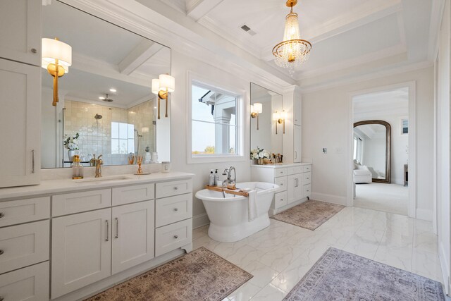 full bathroom featuring crown molding, marble finish floor, a sink, and a shower stall