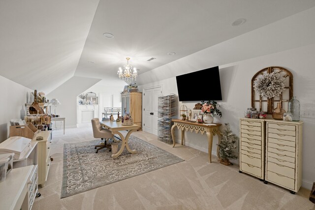 interior space featuring light colored carpet, vaulted ceiling, and an inviting chandelier