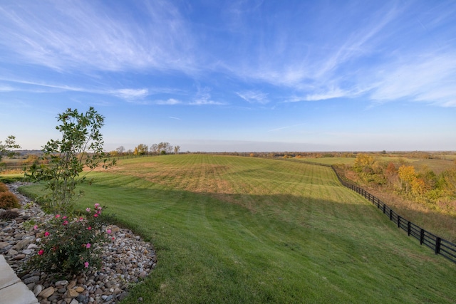 view of yard with fence and a rural view