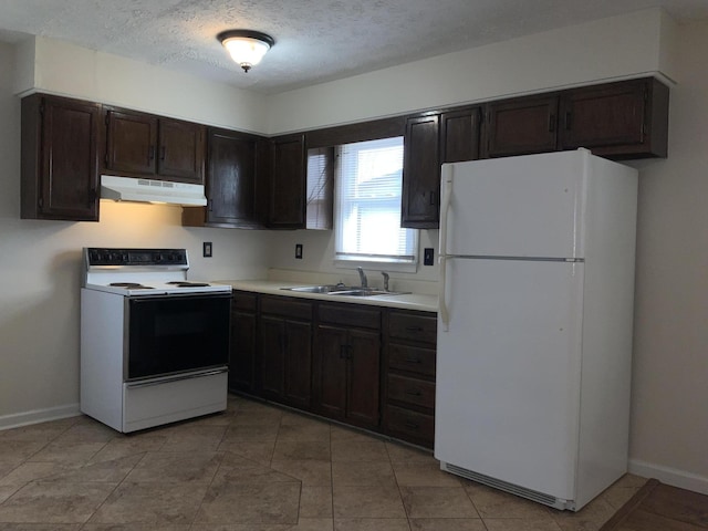 kitchen with dark brown cabinetry, under cabinet range hood, white appliances, a sink, and light countertops