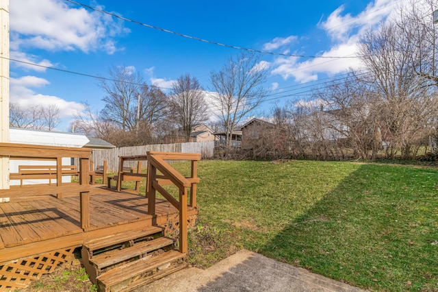 view of yard with fence and a wooden deck