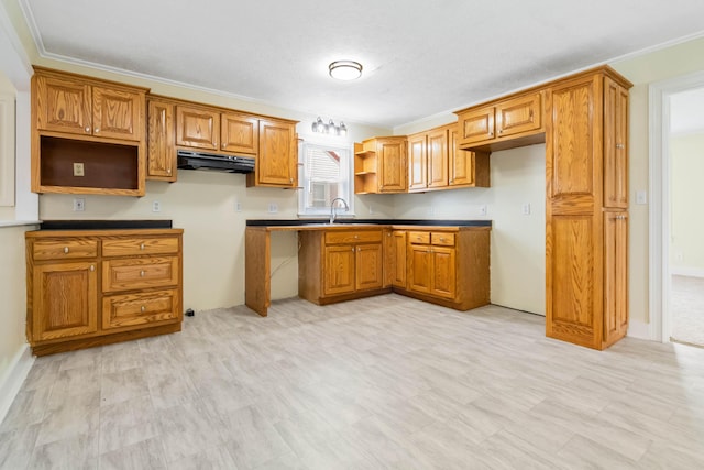 kitchen featuring open shelves, a sink, and brown cabinets