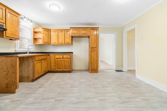 kitchen with baseboards, a sink, and brown cabinets