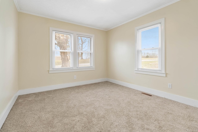 spare room featuring crown molding, carpet flooring, and plenty of natural light