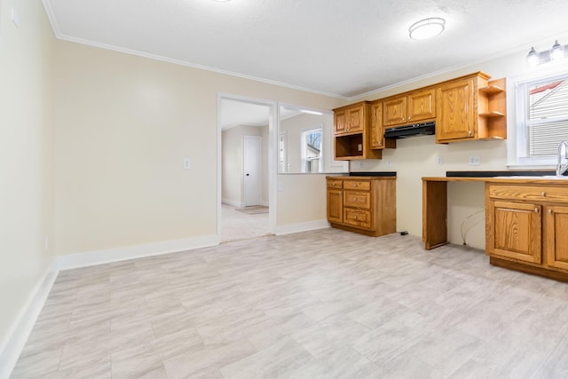 kitchen featuring crown molding, open shelves, brown cabinetry, under cabinet range hood, and baseboards