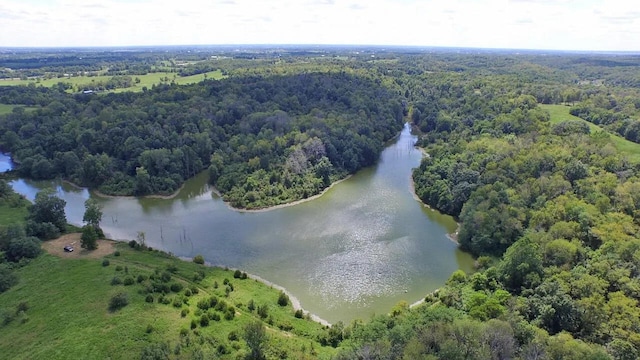 birds eye view of property featuring a wooded view and a water view