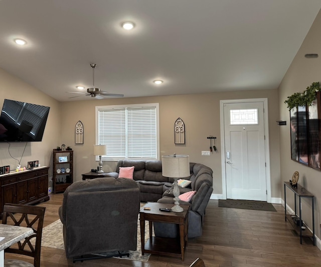 living room with recessed lighting, ceiling fan, baseboards, and wood finished floors