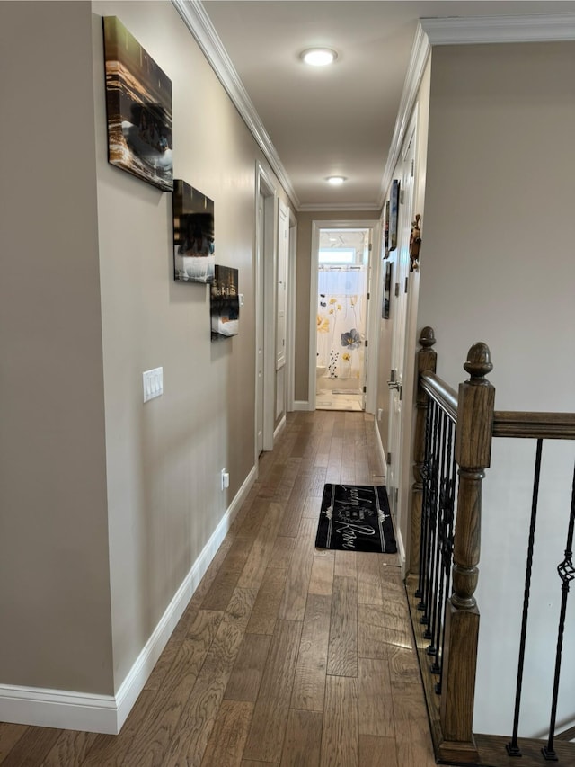 hall featuring wood-type flooring, crown molding, and baseboards