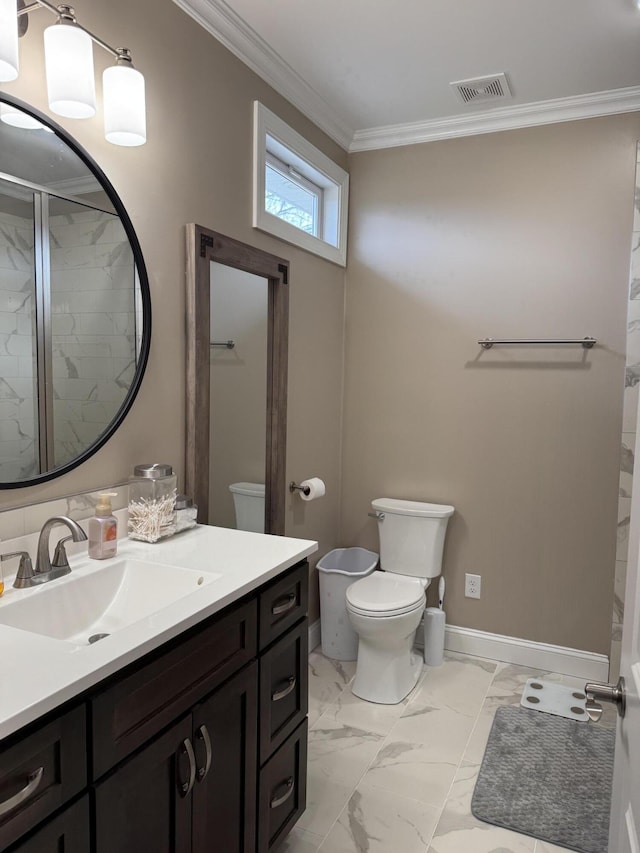 full bathroom with toilet, visible vents, marble finish floor, a stall shower, and crown molding