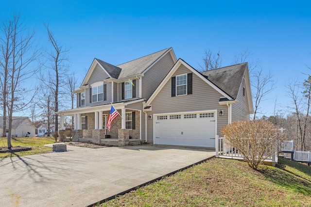 view of front of home with a front lawn, driveway, covered porch, a garage, and central AC unit