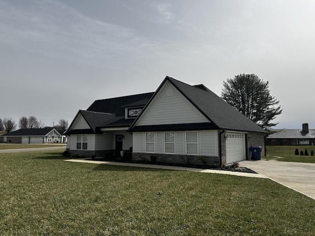 view of front facade featuring a garage, stone siding, a front lawn, and concrete driveway