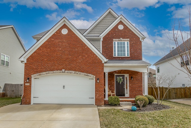 view of front of property featuring a garage, brick siding, driveway, and fence