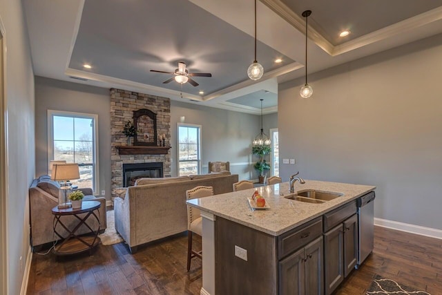 kitchen featuring a tray ceiling, dark wood finished floors, a fireplace, a sink, and dishwasher