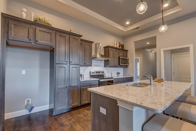 kitchen featuring stainless steel appliances, a tray ceiling, wall chimney exhaust hood, and a sink