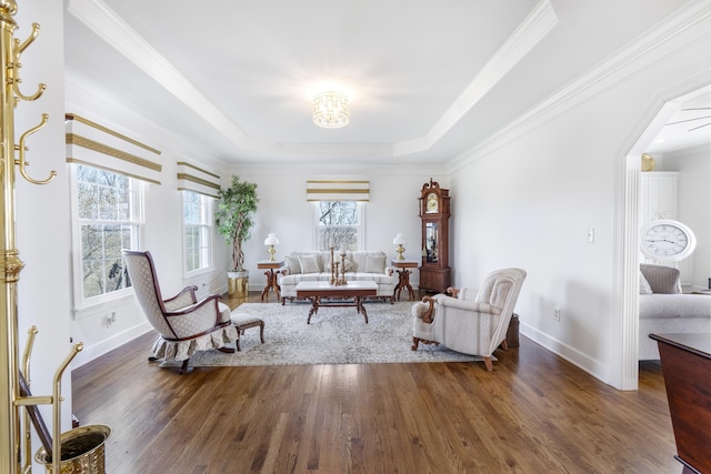 1775 Irvine Rd, Winchester, KY 40391 - living area with a raised ceiling, dark wood-type flooring, baseboards, and crown molding