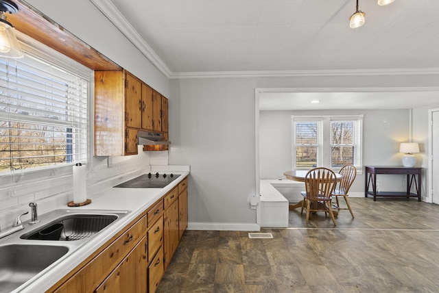 kitchen featuring brown cabinets, a sink, tasteful backsplash, exhaust hood, and black electric stovetop