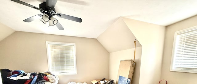 bedroom featuring vaulted ceiling and ceiling fan