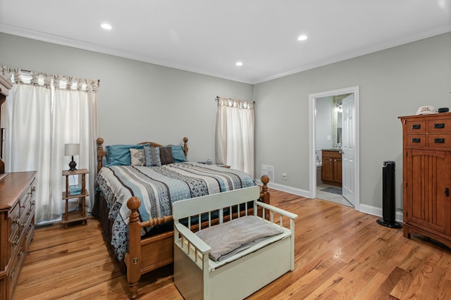 767 Flint Ridge Rd, Versailles, KY 40383 - bedroom with recessed lighting, ornamental molding, light wood-type flooring, baseboards, and ensuite bathroom