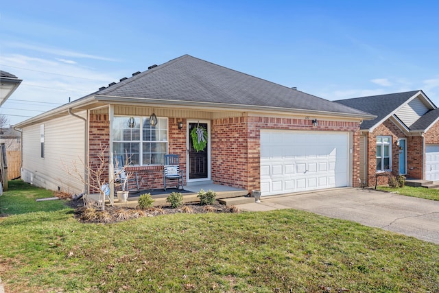 single story home with driveway, a shingled roof, an attached garage, a front lawn, and brick siding