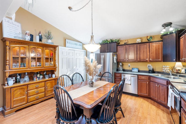 interior space featuring lofted ceiling, light wood-style flooring, stainless steel appliances, and a sink