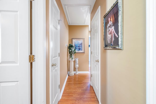 hallway featuring attic access, baseboards, and light wood-style flooring