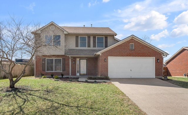 traditional-style home with a front yard, an attached garage, driveway, and fence