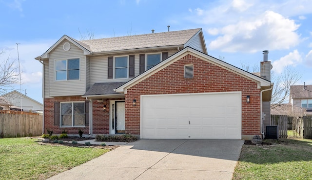 traditional home featuring a front yard, fence, a shingled roof, concrete driveway, and brick siding