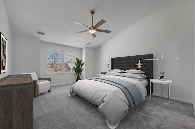 bedroom featuring visible vents, lofted ceiling, carpet floors, baseboards, and ceiling fan