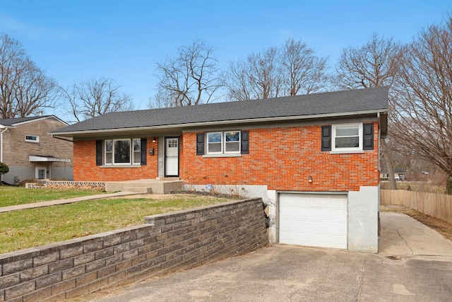 ranch-style home with fence, roof with shingles, concrete driveway, a garage, and brick siding