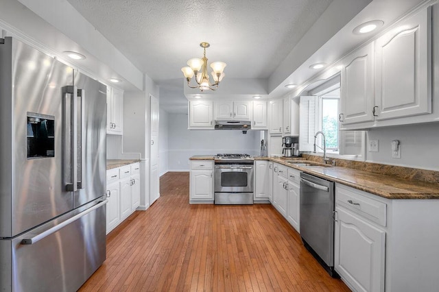 kitchen featuring white cabinetry, under cabinet range hood, appliances with stainless steel finishes, and a sink