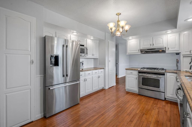 kitchen featuring under cabinet range hood, stainless steel appliances, and white cabinetry