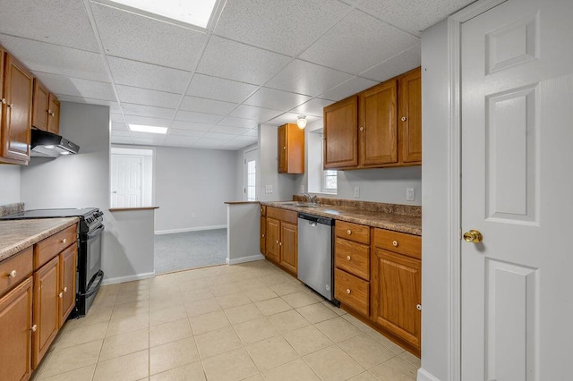 kitchen featuring under cabinet range hood, brown cabinets, dishwasher, and black range with electric cooktop